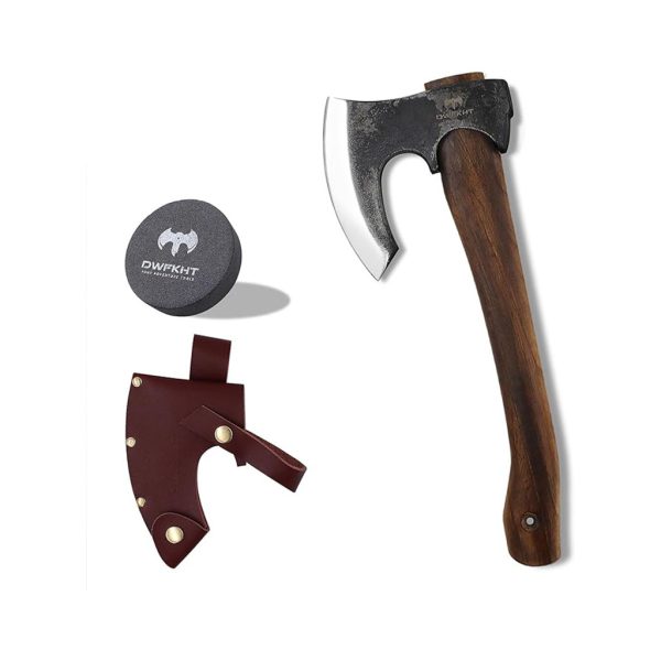 14.6" Hatchet, Camping Hatchet with Leather Sheath, Bushcraft Axe with 1065 Carbon Steel & Beech Handle, Survival Axe for Wood Splitting and Chopping - Perfect for Gardening and Outdoor