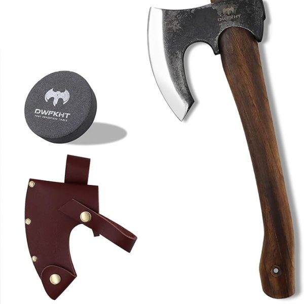 14.6" Hatchet, Camping Hatchet with Leather Sheath, Bushcraft Axe with 1065 Carbon Steel & Beech Handle, Survival Axe for Wood Splitting and Chopping - Perfect for Gardening and Outdoor