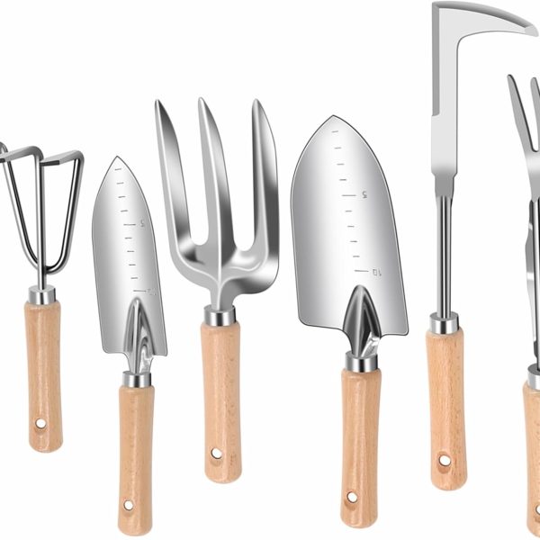 Weed Puller Tool, 6 Piece Stainless Steel Heavy Duty Weeding Tool, Weed Puller, Crack Weeder Tool, Weed Remover Tool with Ergonomic Wooden Handle, Gardening Gifts for Women