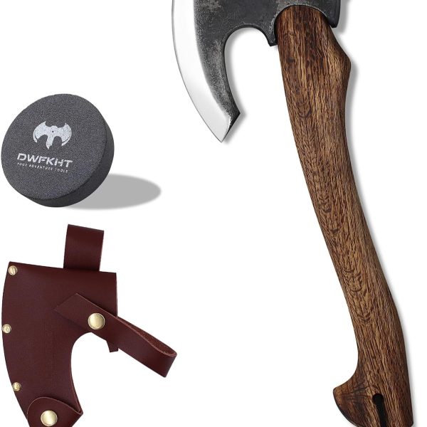 Hatchet, 15.7" Camping Axe with Leather Sheath, Bushcraft Axe with 1065 Carbon Steel & Beech Handle, Survival Hatchet for Wood Splitting and Chopping - Perfect for Gardening and Outdoor