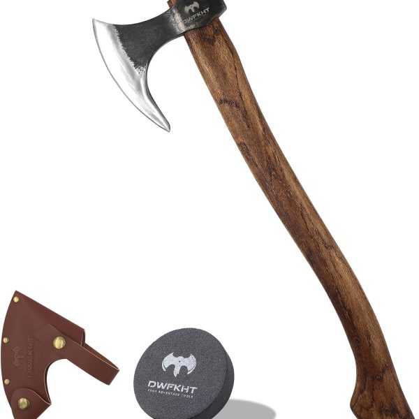 20.5" Viking Axe, Hand-Forged High Carbon Steel Tomahawk Axe, Viking Bearded Outdoor Camping Axe, Hatchet Axe with Leather Sheath and Sharper, Viking Gifts for Men