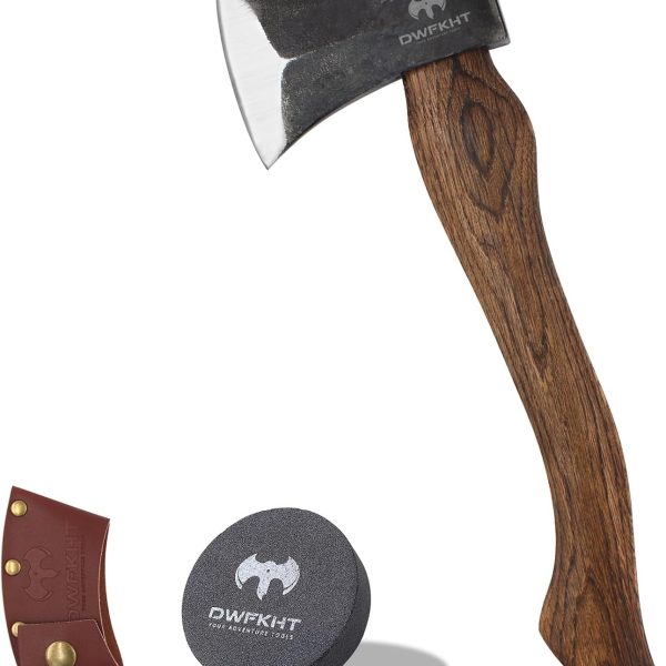 15.3" Hatchet, Splitting Axe with 1065 High Carbon Steel, Camping Hatchet with Beech Wooden Handle and Leather Sheath, Chopping Axe for Wood Splitting and Kindling